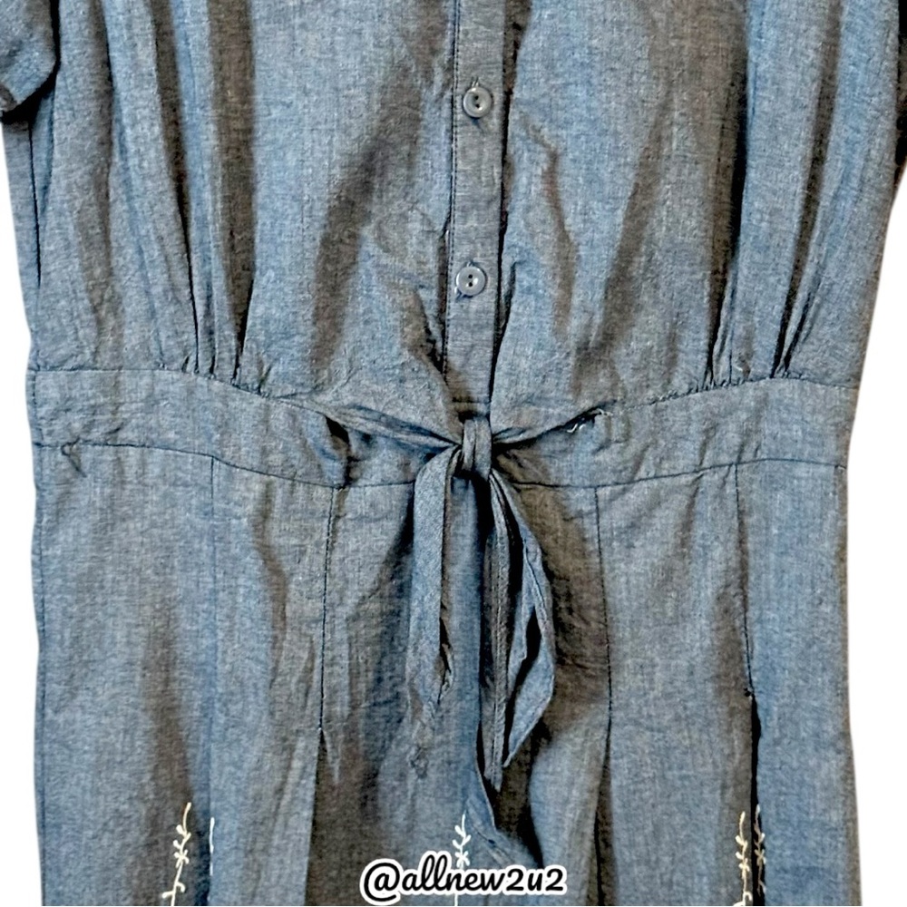 ECI Lace Trim Denim Shirtdress Chambray Buttoned Polo Collar - Picture 11 of 16